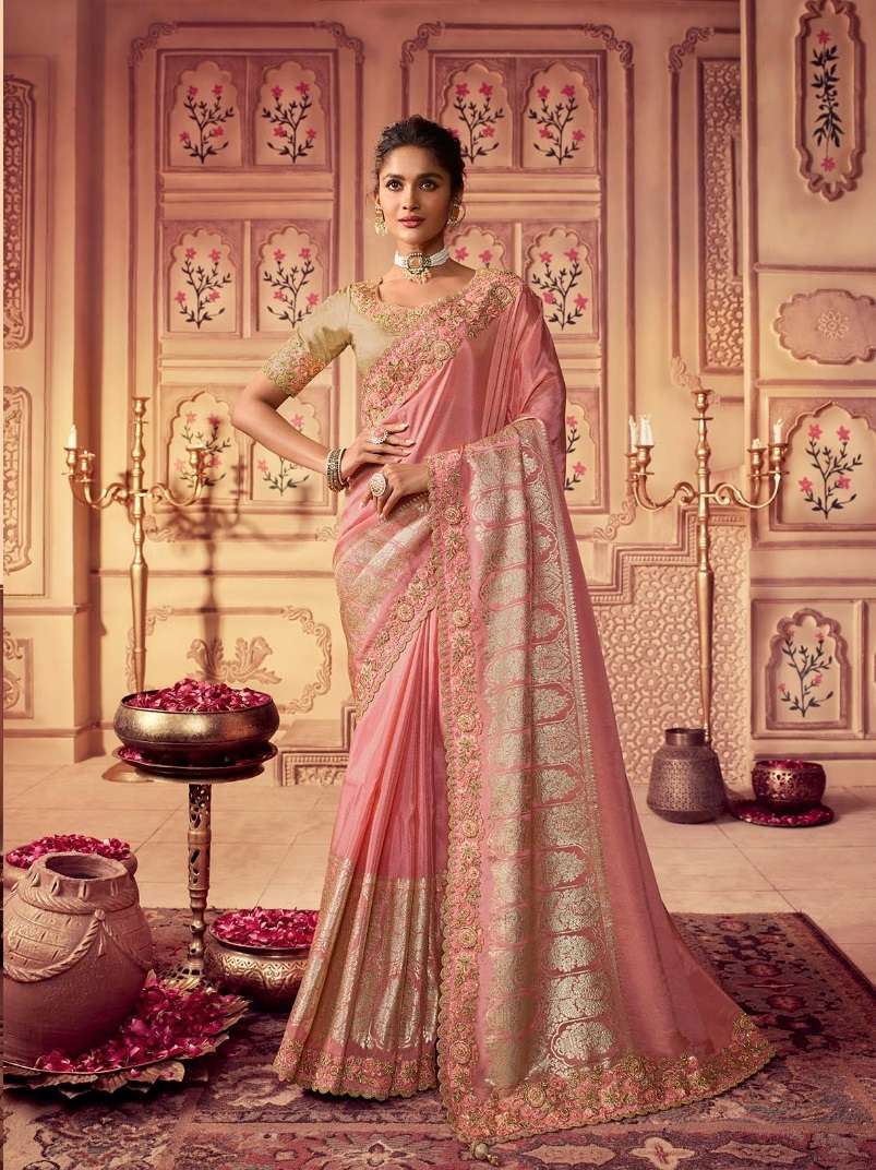 Shop Online Designer Pink & Cream Georgette Saree Embroidered Border Party  Wear W – Lady India