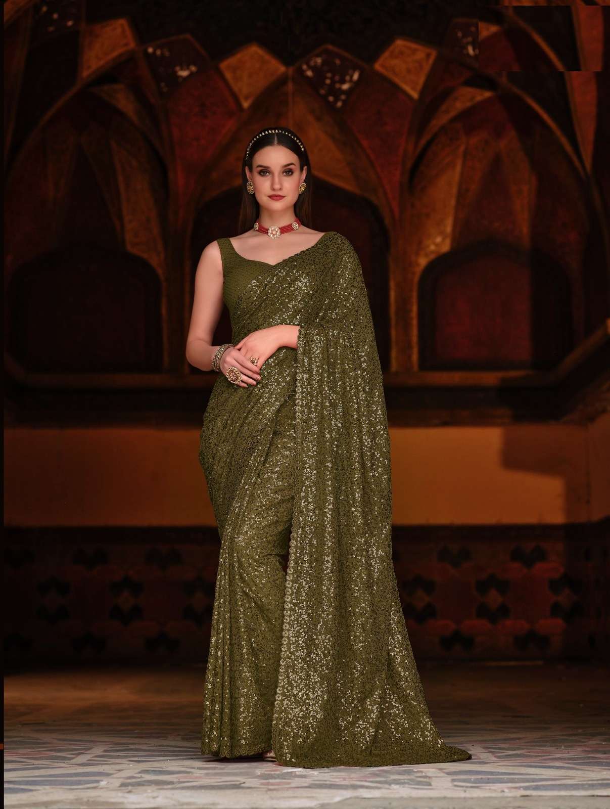 MAHENDI GREEN DESIGNER WEDDING PARTY FUNCTION WEAR SEQUENCE GEORGETTE SAREE EXCLUSIVE COLLECTION SENHORA EMERALD 2045E