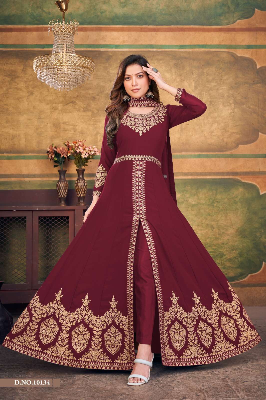 MAROON DESIGNER FANCY WEDDING PARTY WEAR GEORGETTE LONG ANARKALI SALWAR SUIT GOWN ANJUBAA 10134