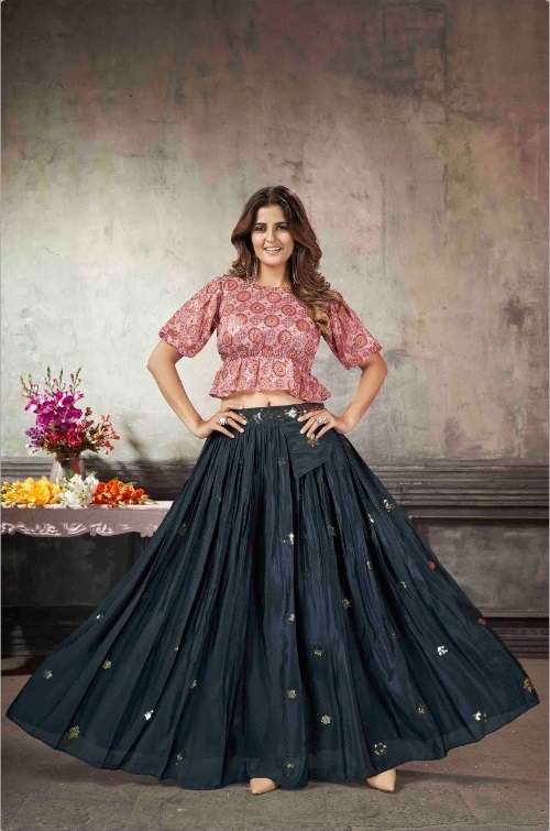 NAVY FANCY ART SILK FABRIC SKIRT TOP FOR CAUSAL AND PARTY WEAR KF 2043