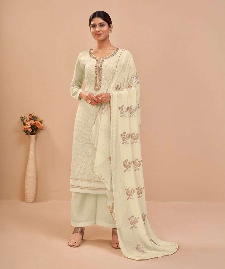 OFF WHITE DESIGNER FANCY PARTY OFFICE WEAR STRAIGHT PAKISTANI SALWAR SUIT IN GEORGETTE ALZ MURAD 2046D