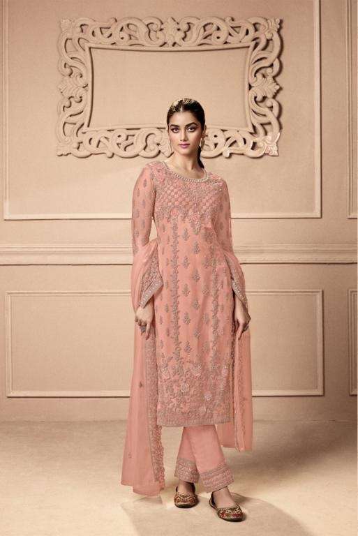 ORANGE DESIGNER FANCY WEDDING PARTY FESTIVAL WEAR BUTTERFLY NET SALWAR SUIT JG SWAGAT 3501A