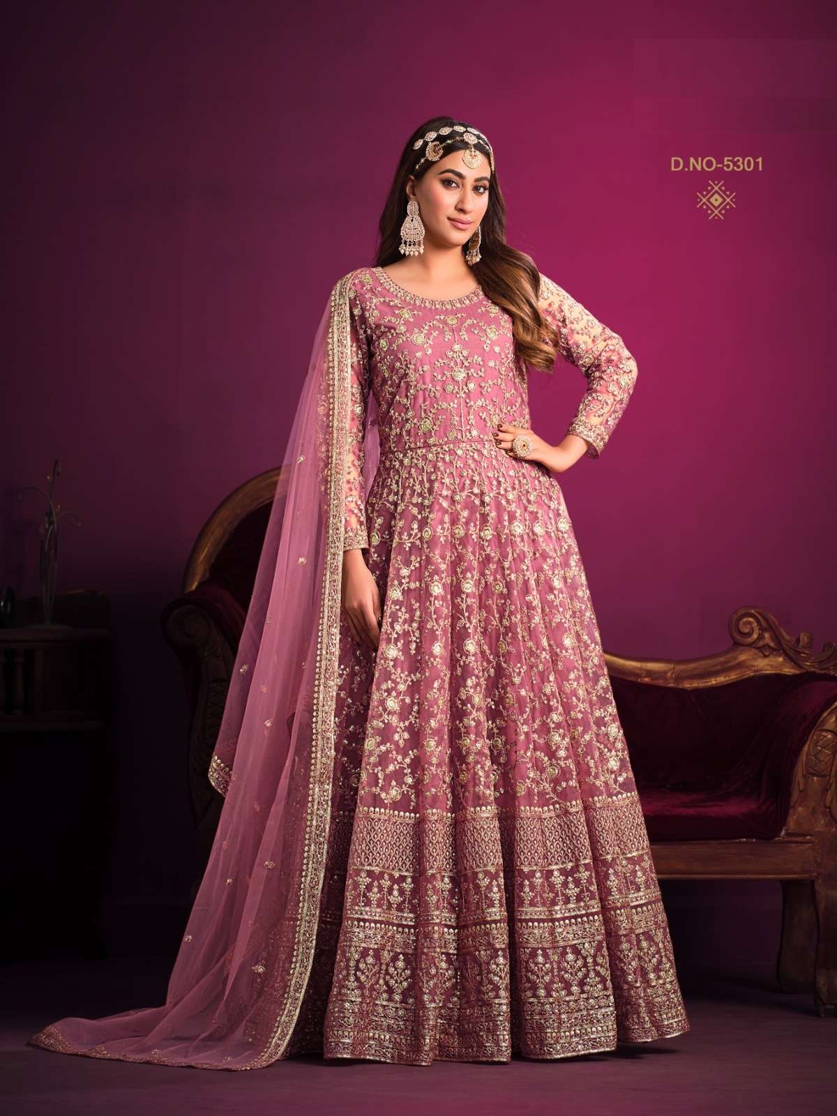 PINK DESIGNER ANARKALI PARTY WEAR SALWAR SUIT LONG GOWN IN PREMIUM BUTTERFLY NET ANAYA-5301