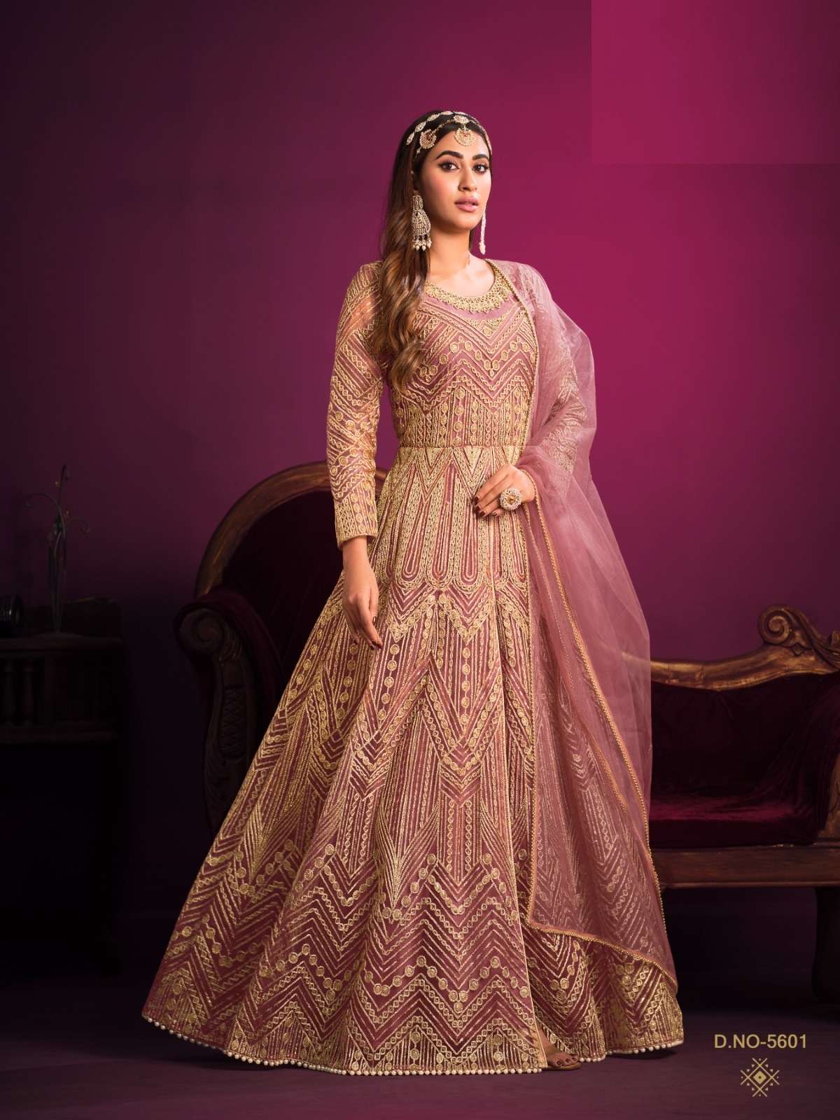 PINK DESIGNER ANARKALI PARTY WEAR SALWAR SUIT LONG GOWN IN PREMIUM BUTTERFLY NET AANAYA 5601