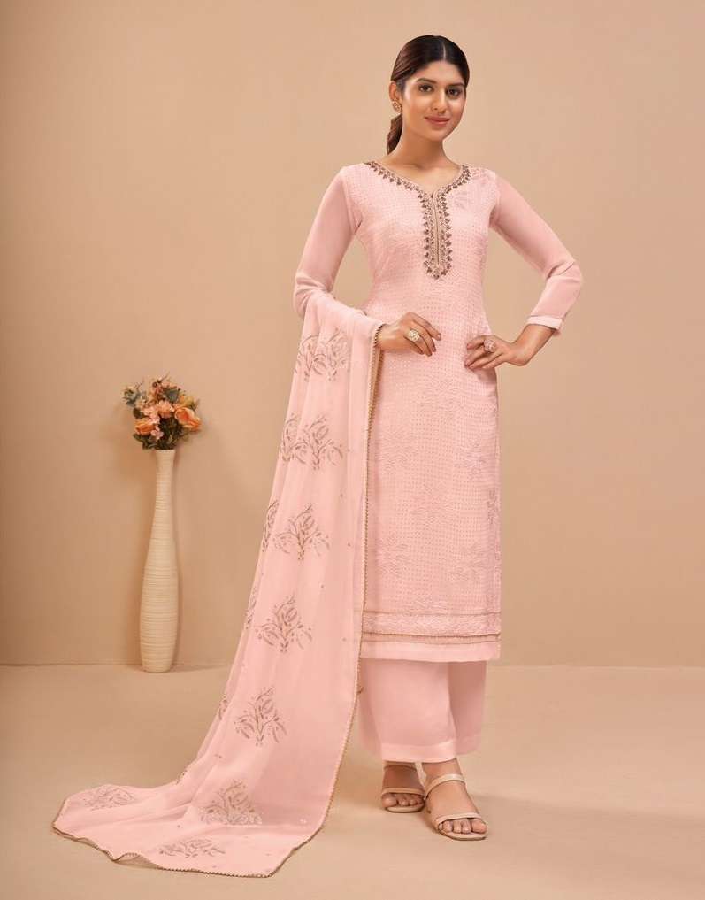 PINK DESIGNER FANCY PARTY OFFICE WEAR STRAIGHT PAKISTANI SALWAR SUIT IN GEORGETTE ALZ MURAD 2045B