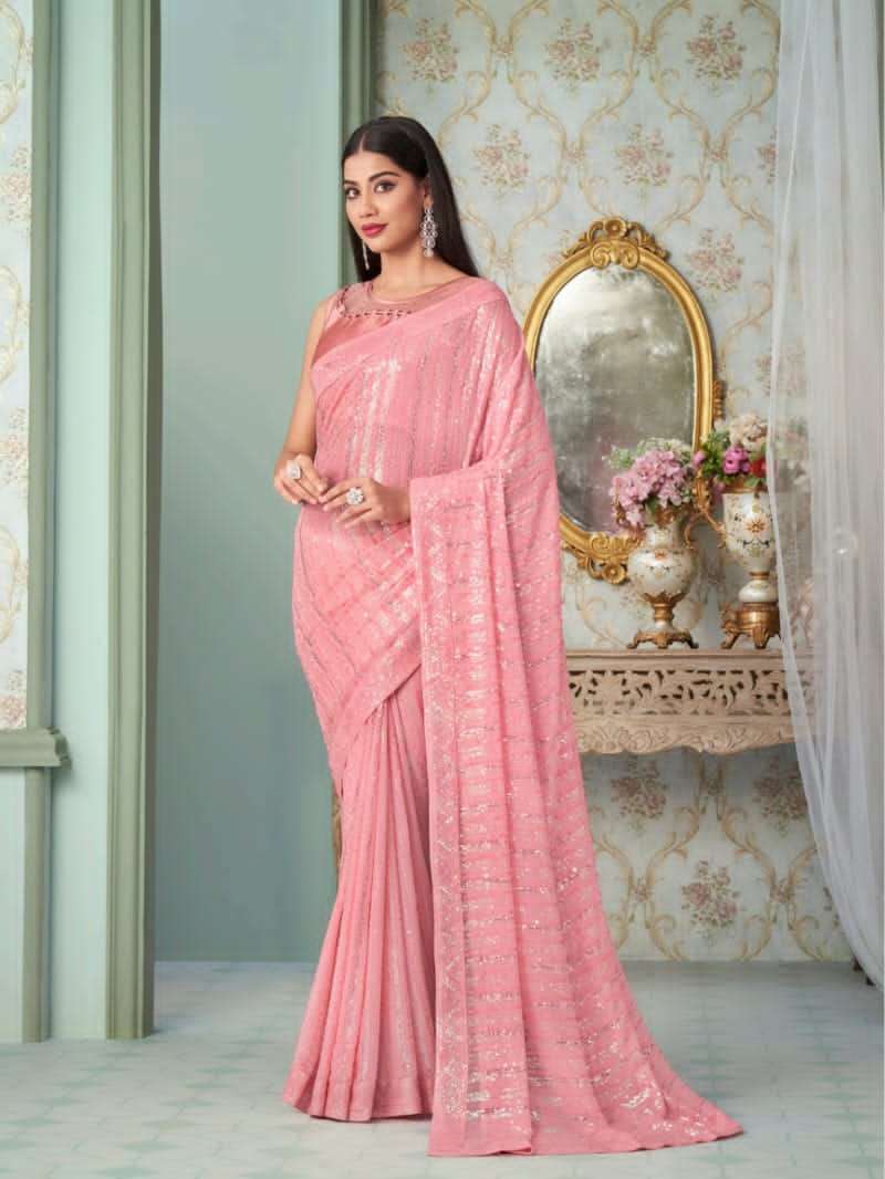 PINK DESIGNER FANCY WEDDING PARTY WEAR DESIGNER GEORGETTE SILK FABRIC SAREE SM ANMOL INAARA 2413