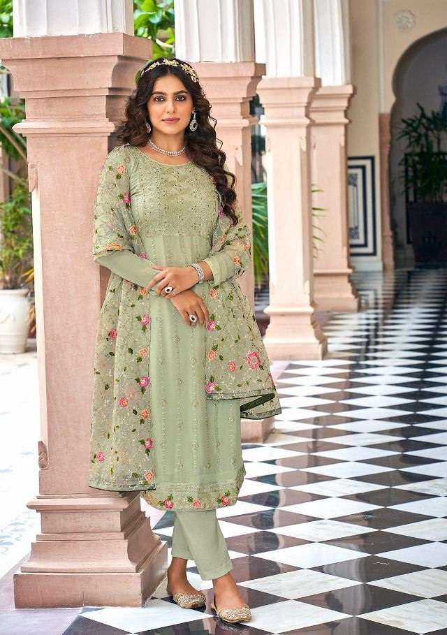 PISTA DESIGNER FANCY WEDDING PARTY WEAR GEORGETTE STARIGHT SALWAR SUIT EBA TIARA 1495