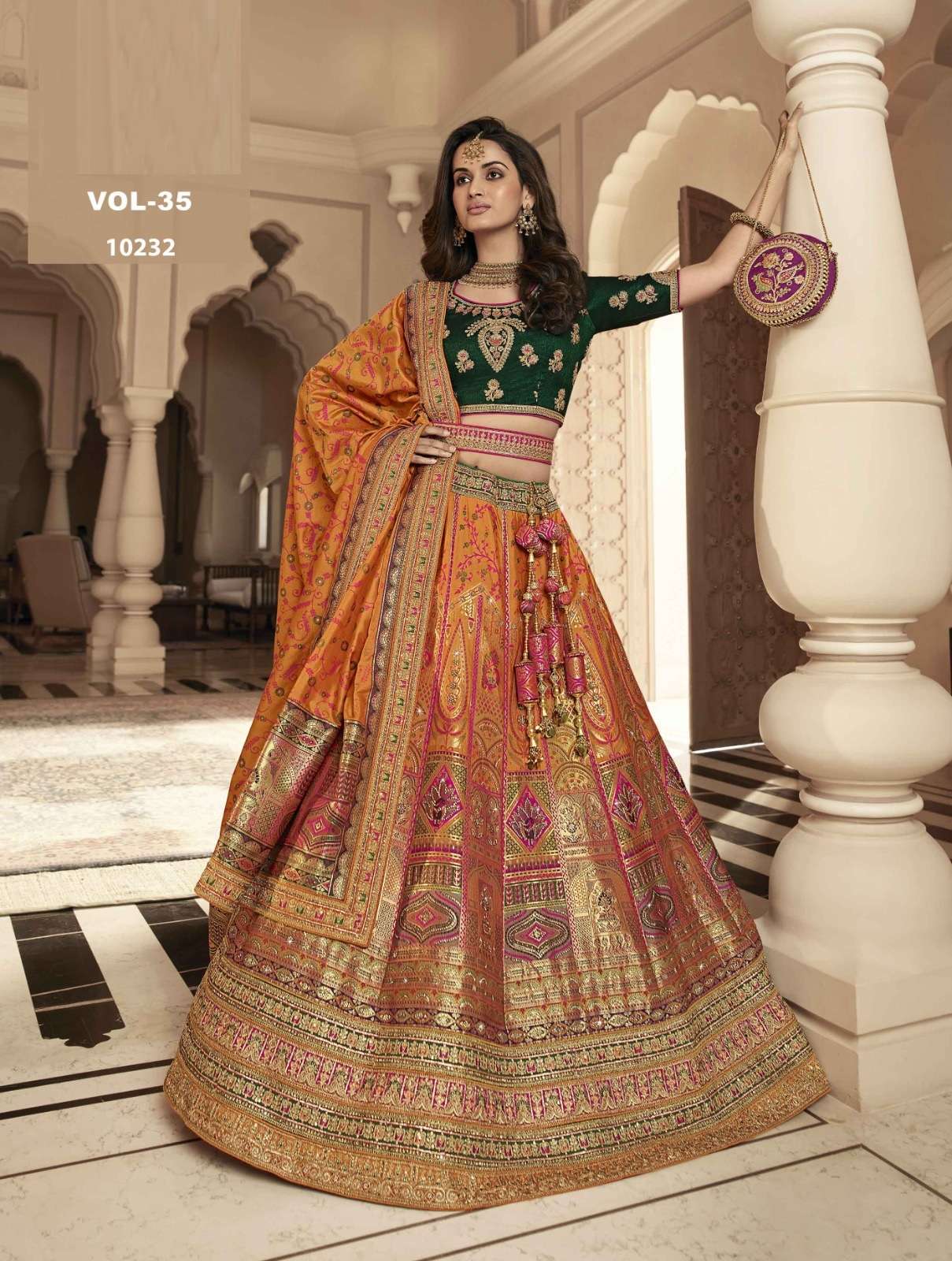 PREMIUM DESIGNER FANCY WEDDING PARTY WEAR EXCLUSIVE HEAVY ORANGE SILK LEHENGA CHOLI ROYAL 10232