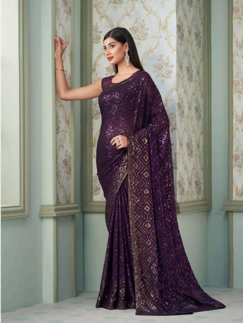 PURPLE DESIGNER FANCY WEDDING PARTY WEAR DESIGNER GEORGETTE SILK FABRIC SAREE SM ANMOL INAARA 2402