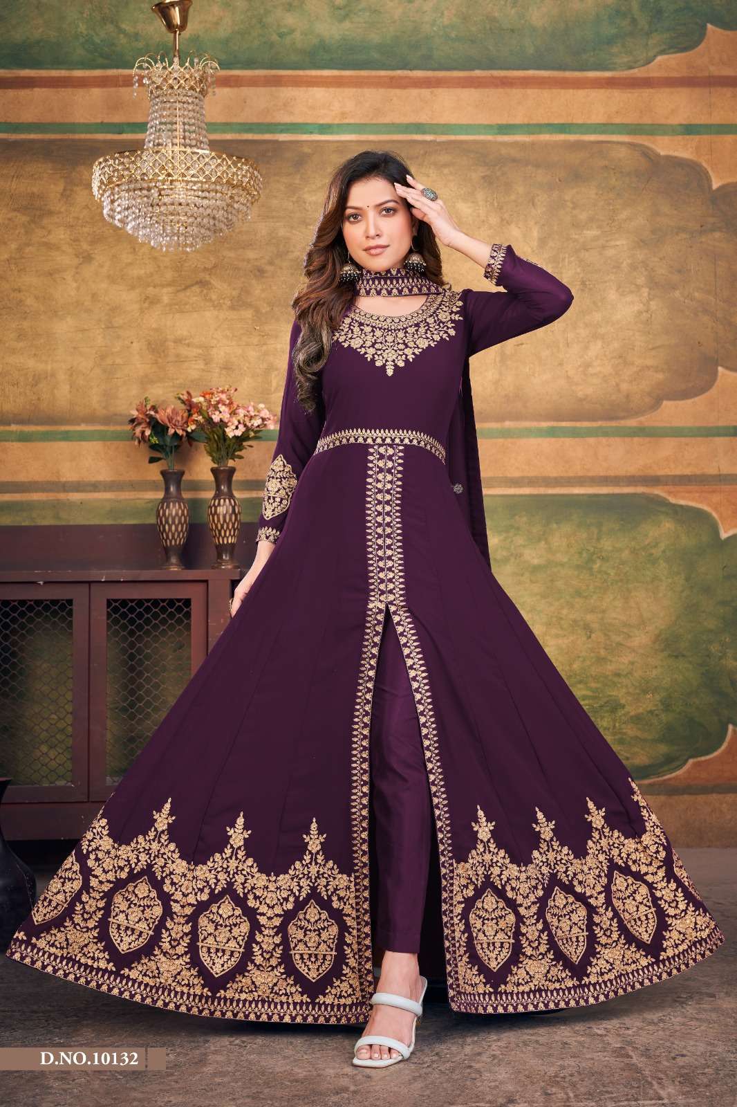 PURPLE DESIGNER FANCY WEDDING PARTY WEAR GEORGETTE LONG ANARKALI SALWAR SUIT GOWN ANJUBAA 10132