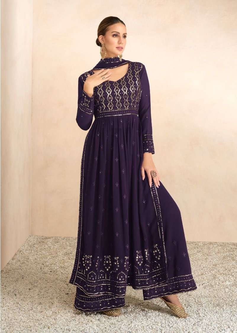 PURPLE DESIGNER FANCY WEDDING PARTY WEAR GREEN GEORGETTE NAYRA CUT ANARKALI SALWAR SUIT GOWN GULKARIYA NAYRA 7207D