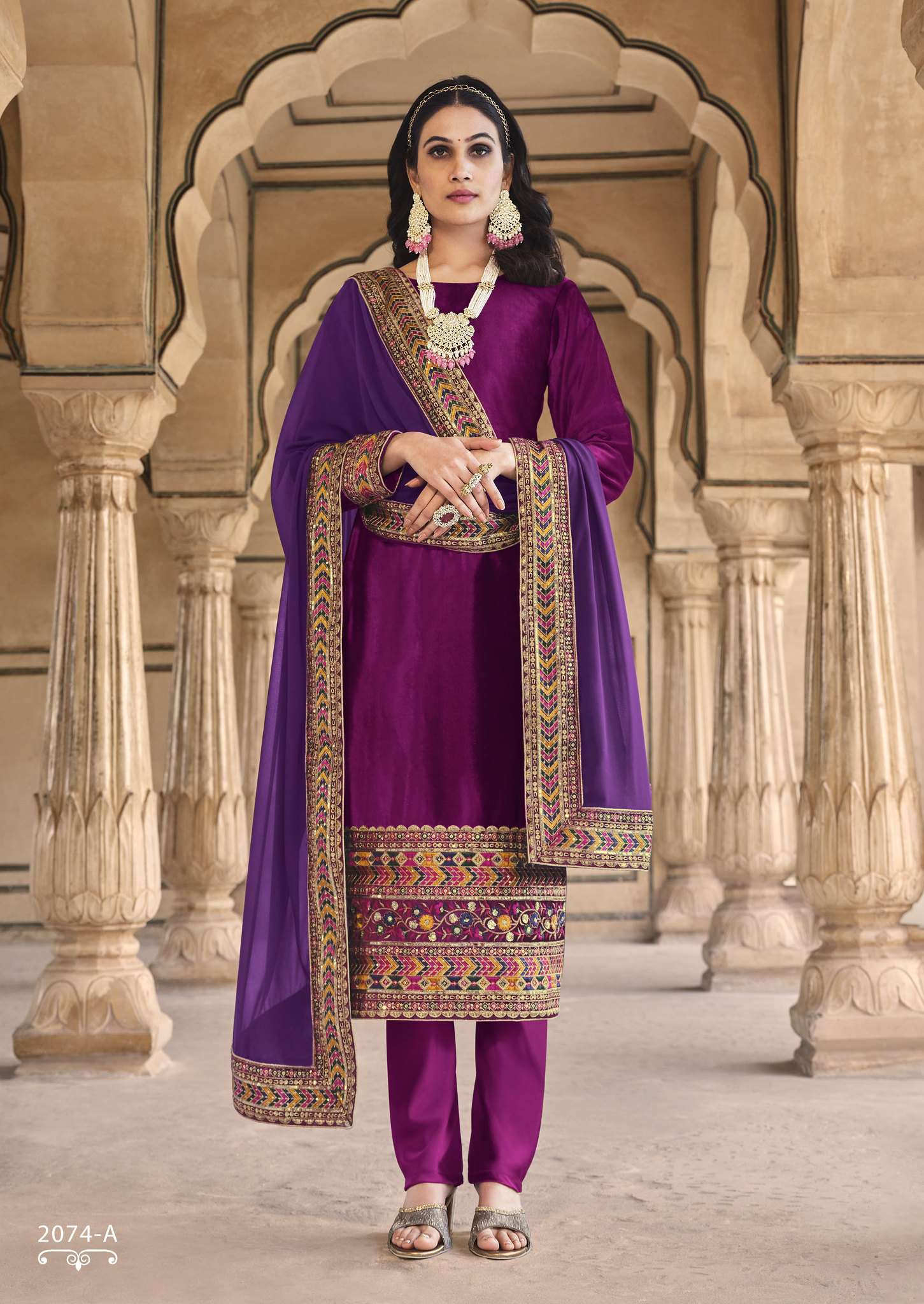 PURPLE DESIGNER FANCY WEDDING PARTY WEAR VELVET STRAIGHT PAKISTANI SALWAR SUIT SENHORA 2074A