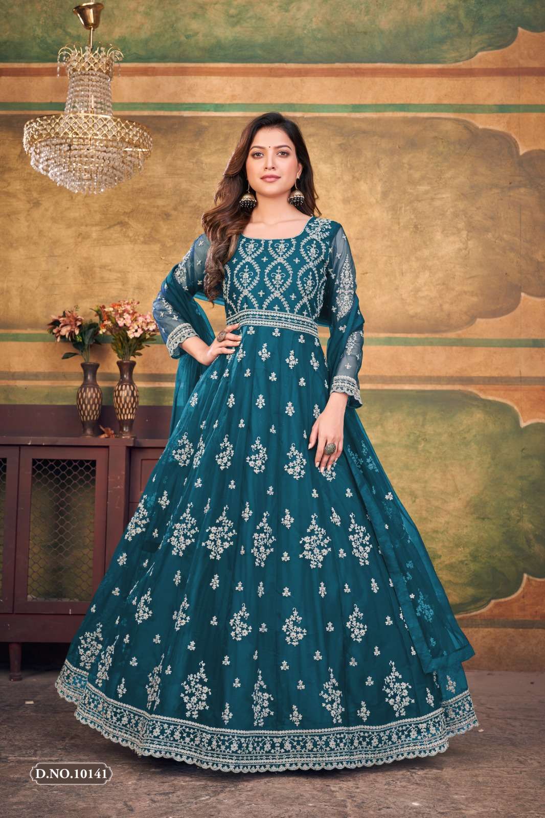 RAMA BLUE DESIGNER ANARKALI PARTY WEAR SALWAR SUIT LONG GOWN IN PREMIUM BUTTERFLY NET ANJUBAA 10141