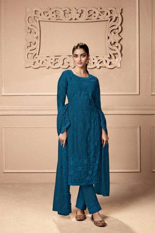 RAMA BLUE DESIGNER FANCY WEDDING PARTY FESTIVAL WEAR BUTTERFLY NET SALWAR SUIT JG SWAGAT 3501J