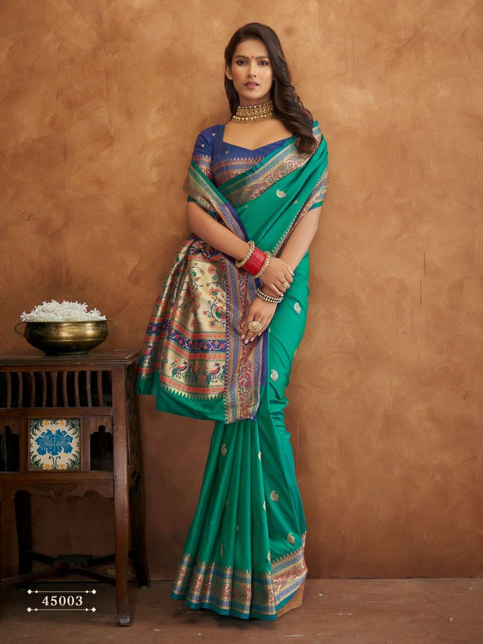 RAMA BLUE DESIGNER FANCY WEDDING PARTY WEAR DESIGNER BANARASI SILK FABRIC SAREE SM RAJPATH 45003