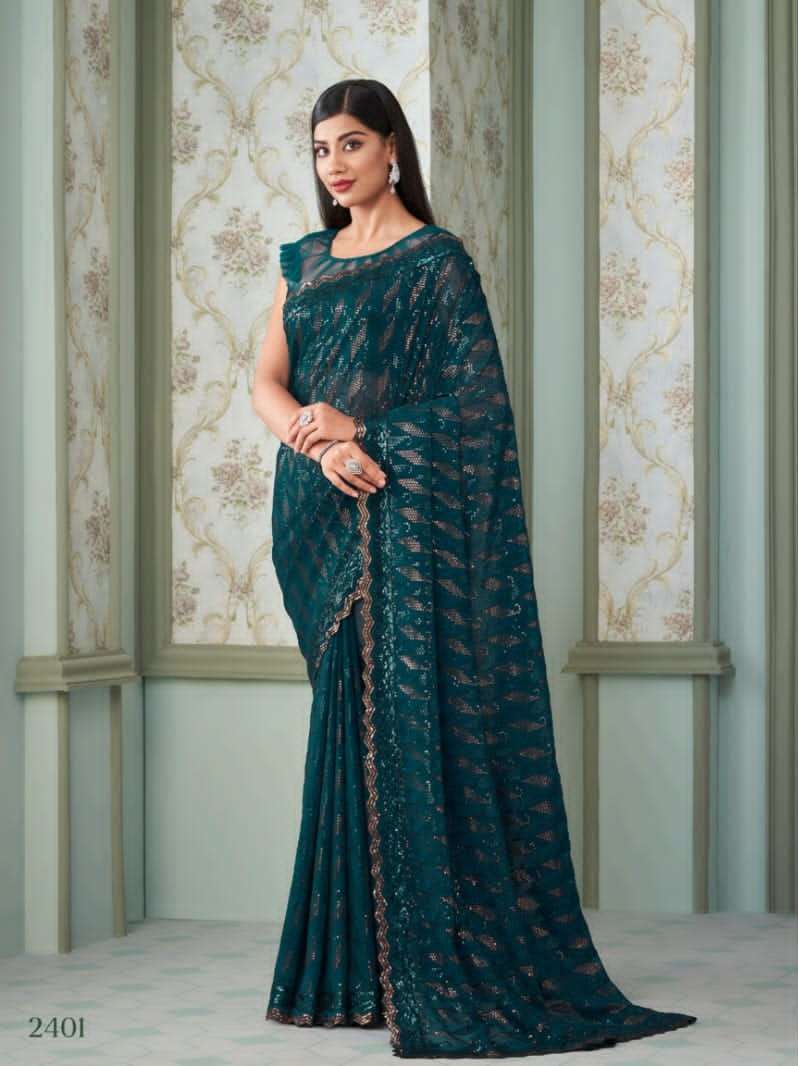 RAMA BLUE DESIGNER FANCY WEDDING PARTY WEAR DESIGNER GEORGETTE SILK FABRIC SAREE SM ANMOL INAARA 2401