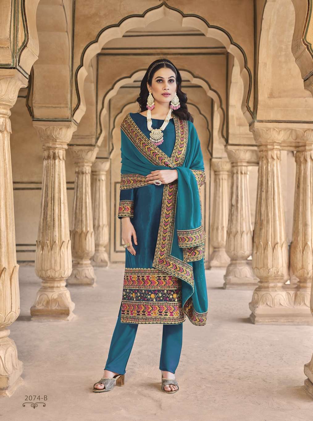 RAMA BLUE DESIGNER FANCY WEDDING PARTY WEAR VELVET STRAIGHT PAKISTANI SALWAR SUIT SENHORA 2074B