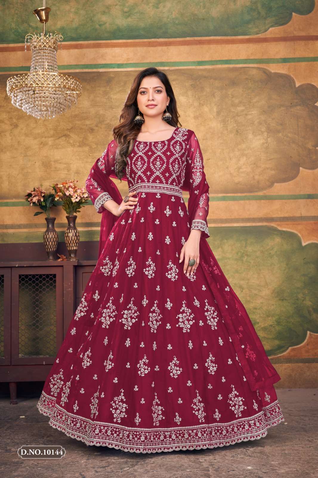 RANI PINK DESIGNER ANARKALI PARTY WEAR SALWAR SUIT LONG GOWN IN PREMIUM BUTTERFLY NET ANJUBAA 10144