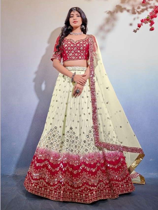 RED WHITE DESIGNER FANCY TRENDY PARTY WEAR CHINON SILK LEHENGA CHOLI SM ANANTESH 5001