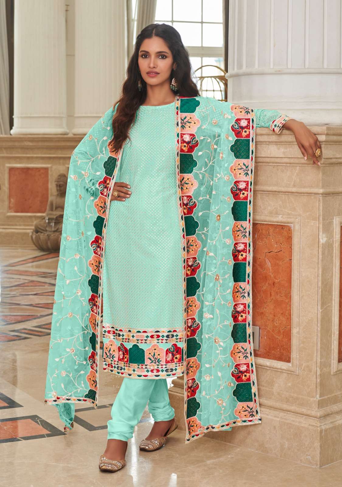 SKY BLUE DESIGNER FANCY WEDDING PARTY WEAR GEORGETTE STARIGHT SALWAR SUIT SENHORA DRESS 2072D