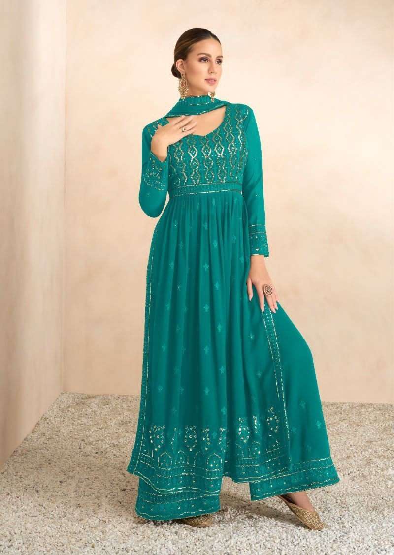 SKY BLUE DESIGNER FANCY WEDDING PARTY WEAR GREEN GEORGETTE NAYRA CUT ANARKALI SALWAR SUIT GOWN GULKARIYA NAYRA 7207E