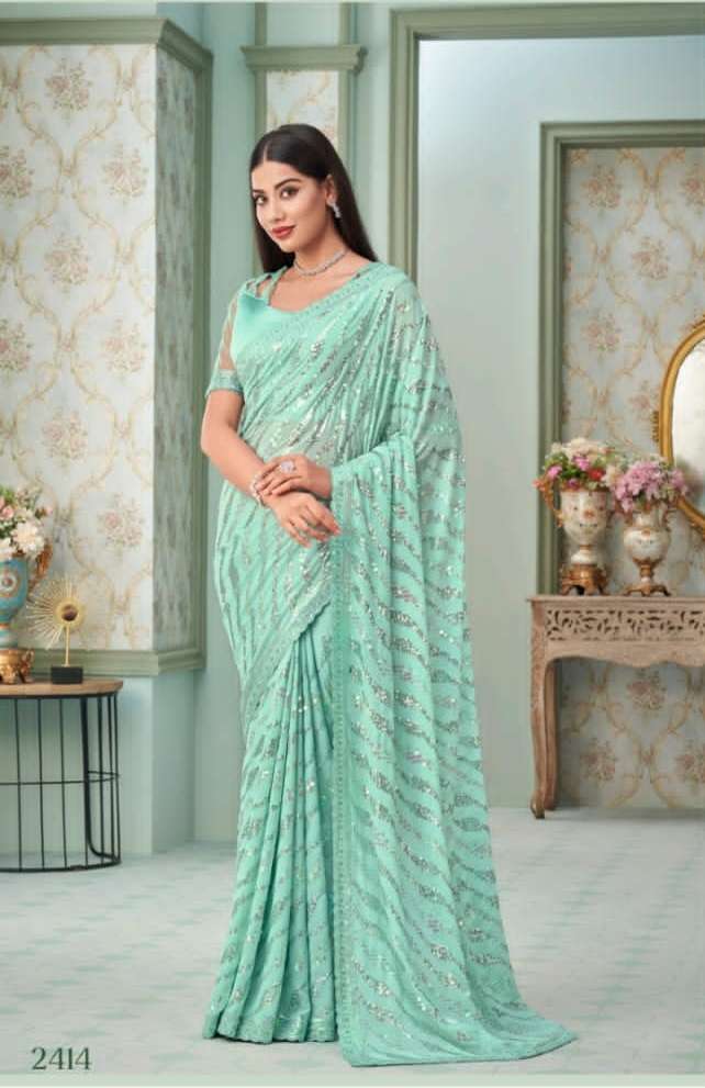 SKY DESIGNER FANCY WEDDING PARTY WEAR DESIGNER GEORGETTE SILK FABRIC SAREE SM ANMOL INAARA 2414