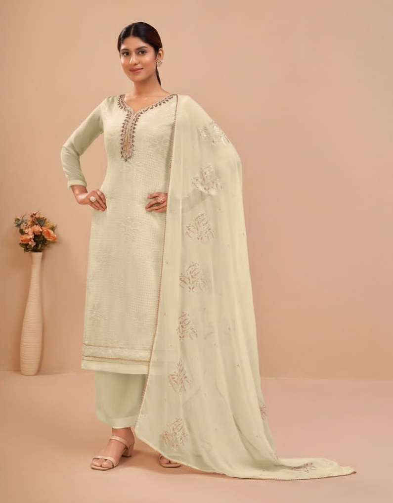 WHITE DESIGNER FANCY PARTY OFFICE WEAR STRAIGHT PAKISTANI SALWAR SUIT IN GEORGETTE ALZ MURAD 2045D