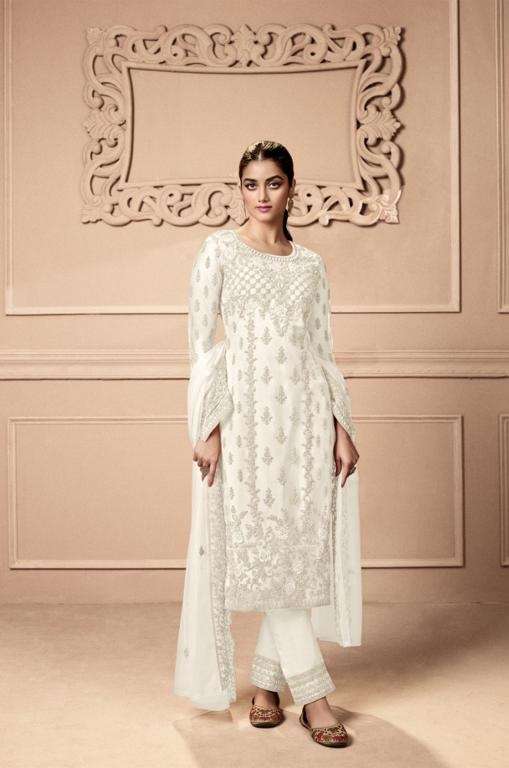 WHITE DESIGNER FANCY WEDDING PARTY FESTIVAL WEAR BUTTERFLY NET SALWAR SUIT JG SWAGAT 3501F