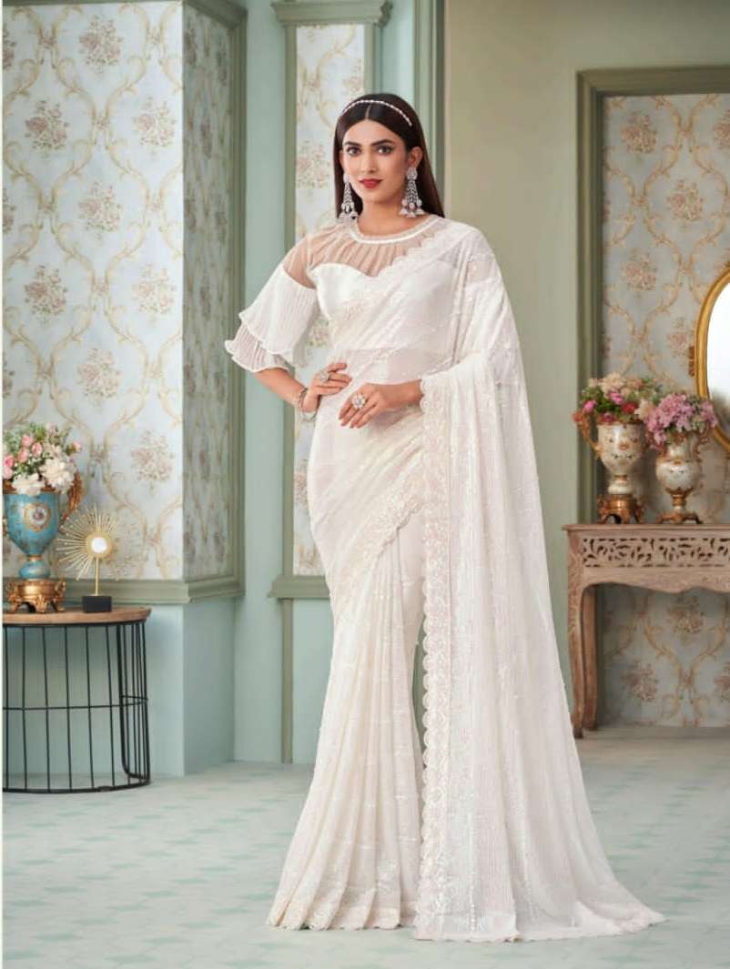 WHITE DESIGNER FANCY WEDDING PARTY WEAR DESIGNER GEORGETTE SILK FABRIC SAREE SM ANMOL INAARA 2409