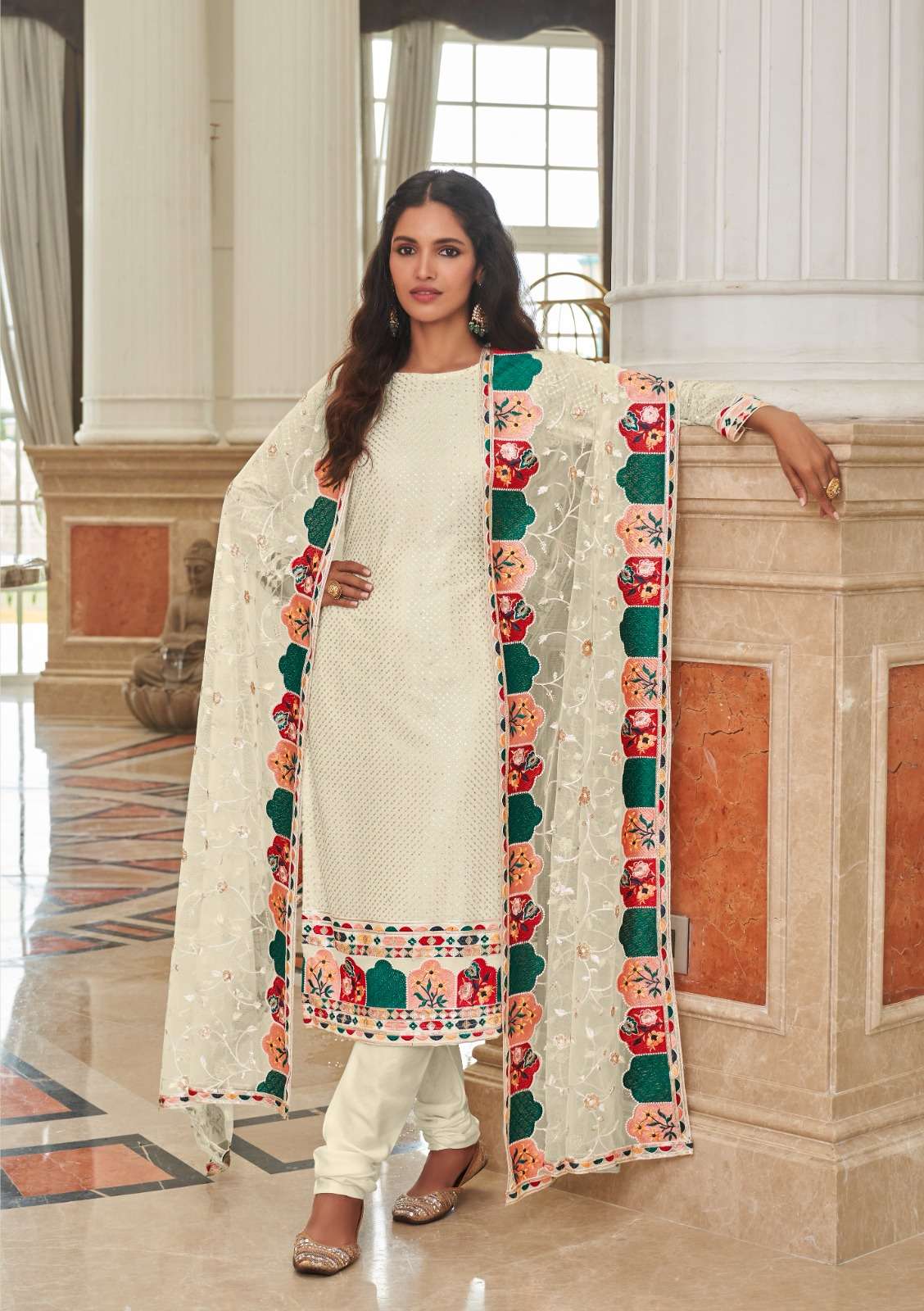 WHITE DESIGNER FANCY WEDDING PARTY WEAR GEORGETTE STARIGHT SALWAR SUIT SENHORA DRESS 2072A