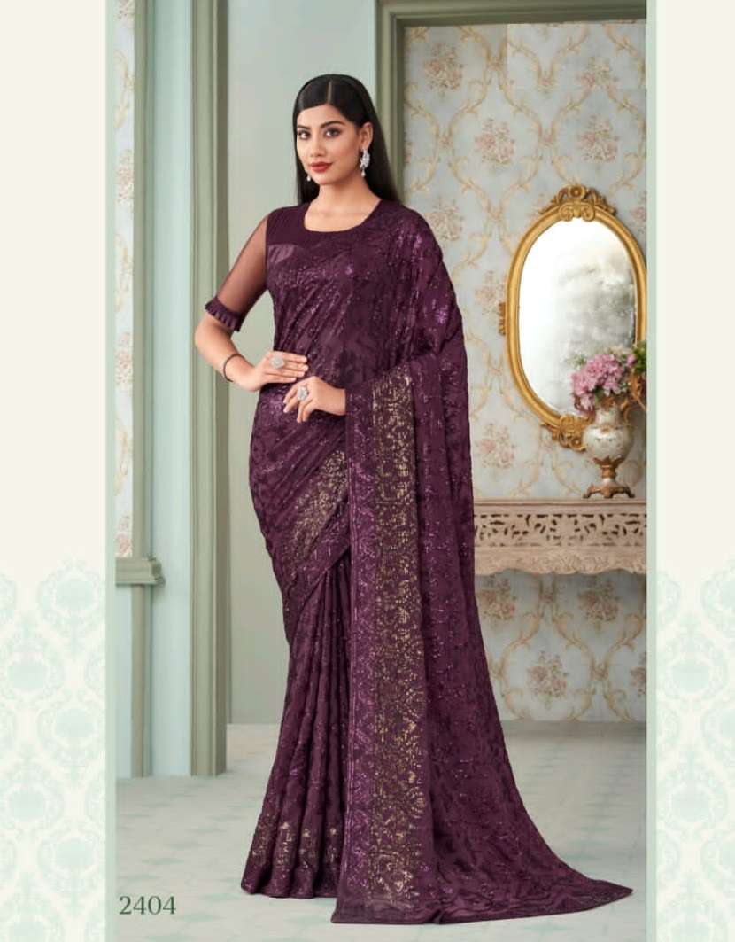 WINE DESIGNER FANCY WEDDING PARTY WEAR DESIGNER GEORGETTE SILK FABRIC SAREE SM ANMOL INAARA 2404