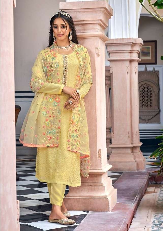 YELLOW DESIGNER FANCY WEDDING PARTY WEAR GEORGETTE STARIGHT SALWAR SUIT EBA TIARA 1497