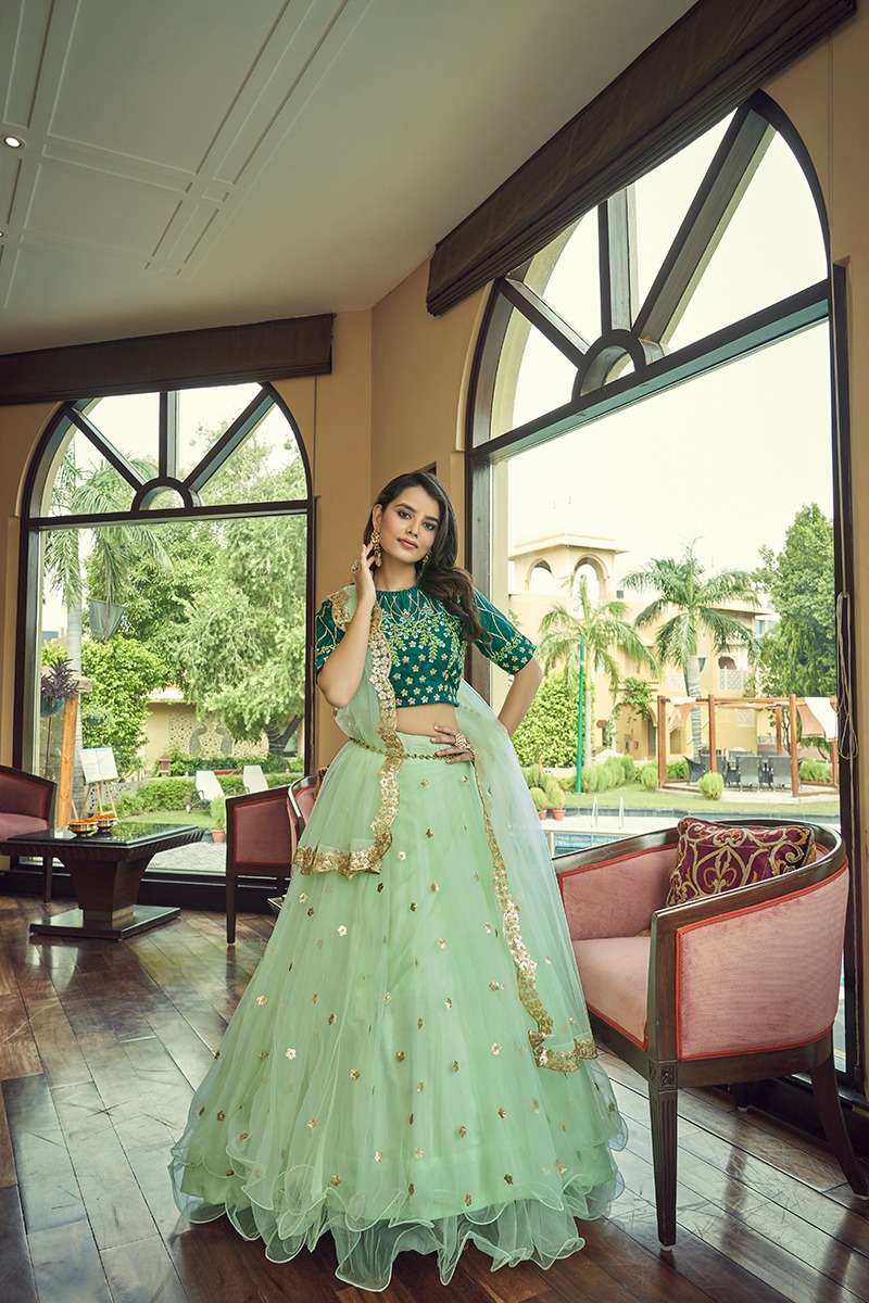 BEST QUALITY DESIGNER WEDDING PARTY WEAR GREEN LEHENGA IN NET FABRIC AT WHOLESALE RATE AHVN RAJWADA 1901