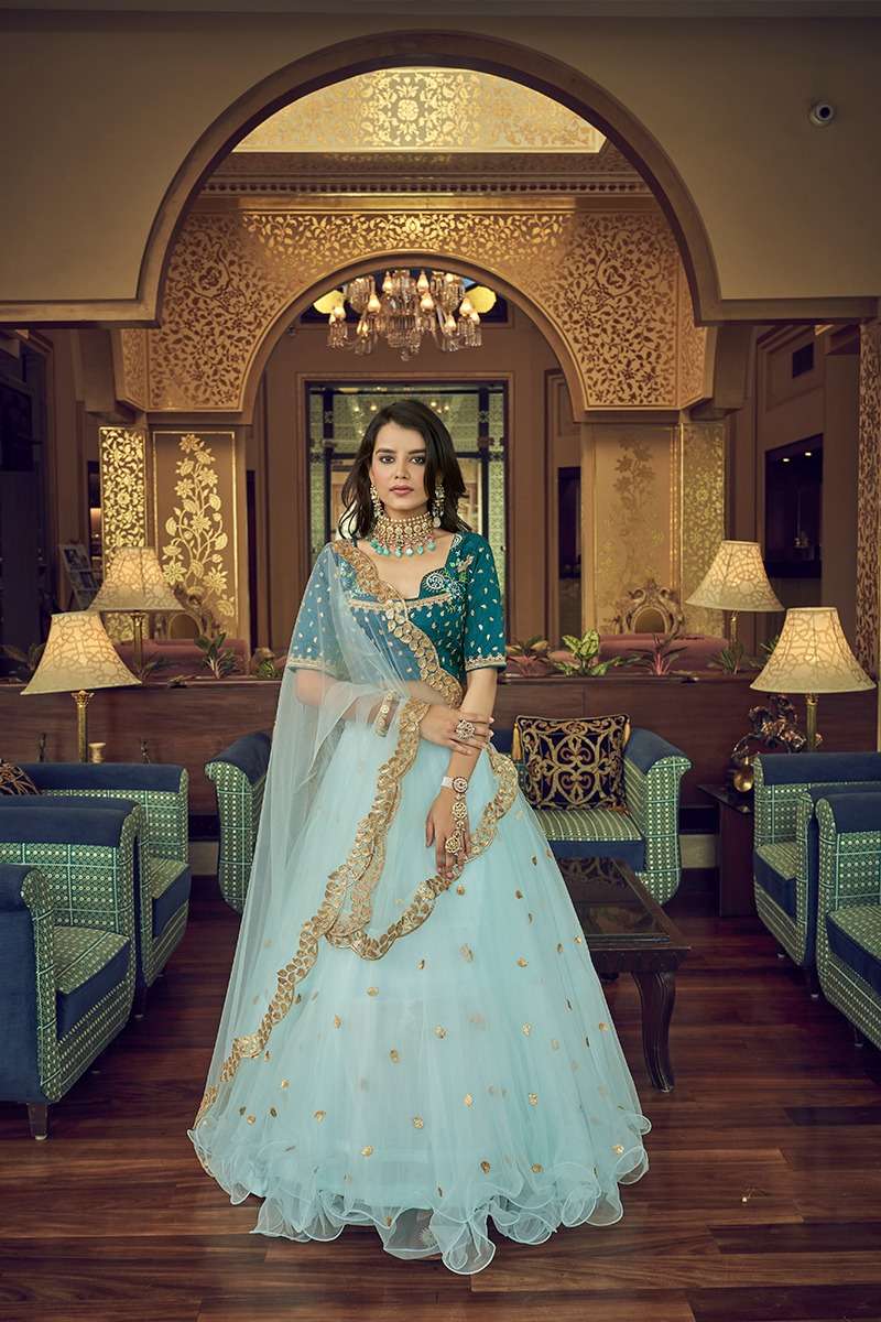 BEST QUALITY DESIGNER WEDDING PARTY WEAR SKY BLUE LEHENGA IN NET FABRIC AT WHOLESALE RATE AHVN RAJWADA 1801