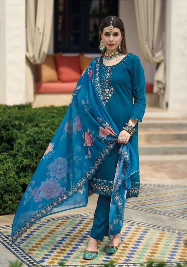 BLUE DESIGNER FANCY WEDDING PARTY WEAR SILK STRAIGHT INDIAN PAKISTANI SALWAR SUIT EB SABWAY 1557