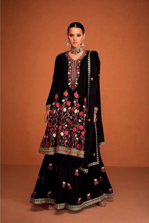 CELEBRITY STYLE DESIGNER BLACK PARTY WEAR CHINON SILK SHARARA SALWAR SUIT IN HEAVY AF SOHA 9534