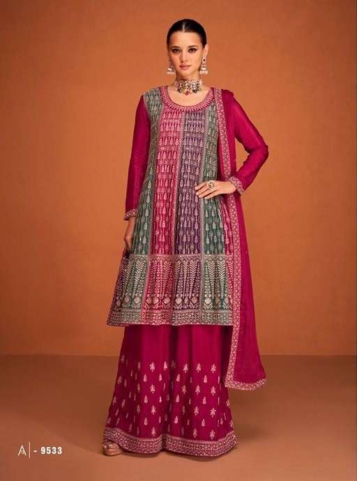 CELEBRITY STYLE DESIGNER DEEP PINK PARTY WEAR CHINON SILK SHARARA SALWAR SUIT IN HEAVY AF SOHA 9533