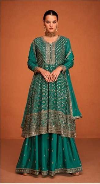 CELEBRITY STYLE DESIGNER GREEN PARTY WEAR CHINON SILK SHARARA SALWAR SUIT IN HEAVY AF SOHA 9537