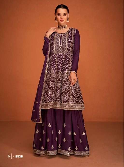 CELEBRITY STYLE DESIGNER PURPLE WINE PARTY WEAR CHINON SILK SHARARA SALWAR SUIT IN HEAVY AF SOHA 9536