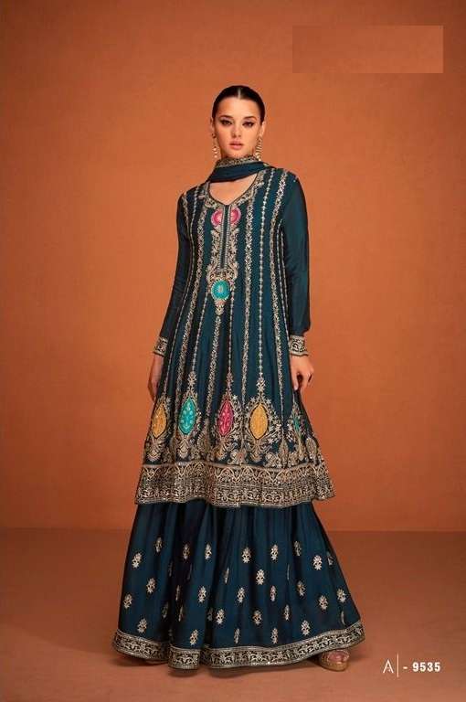 CELEBRITY STYLE DESIGNER RAMA BLUE PARTY WEAR CHINON SILK SHARARA SALWAR SUIT IN HEAVY AF SOHA 9535