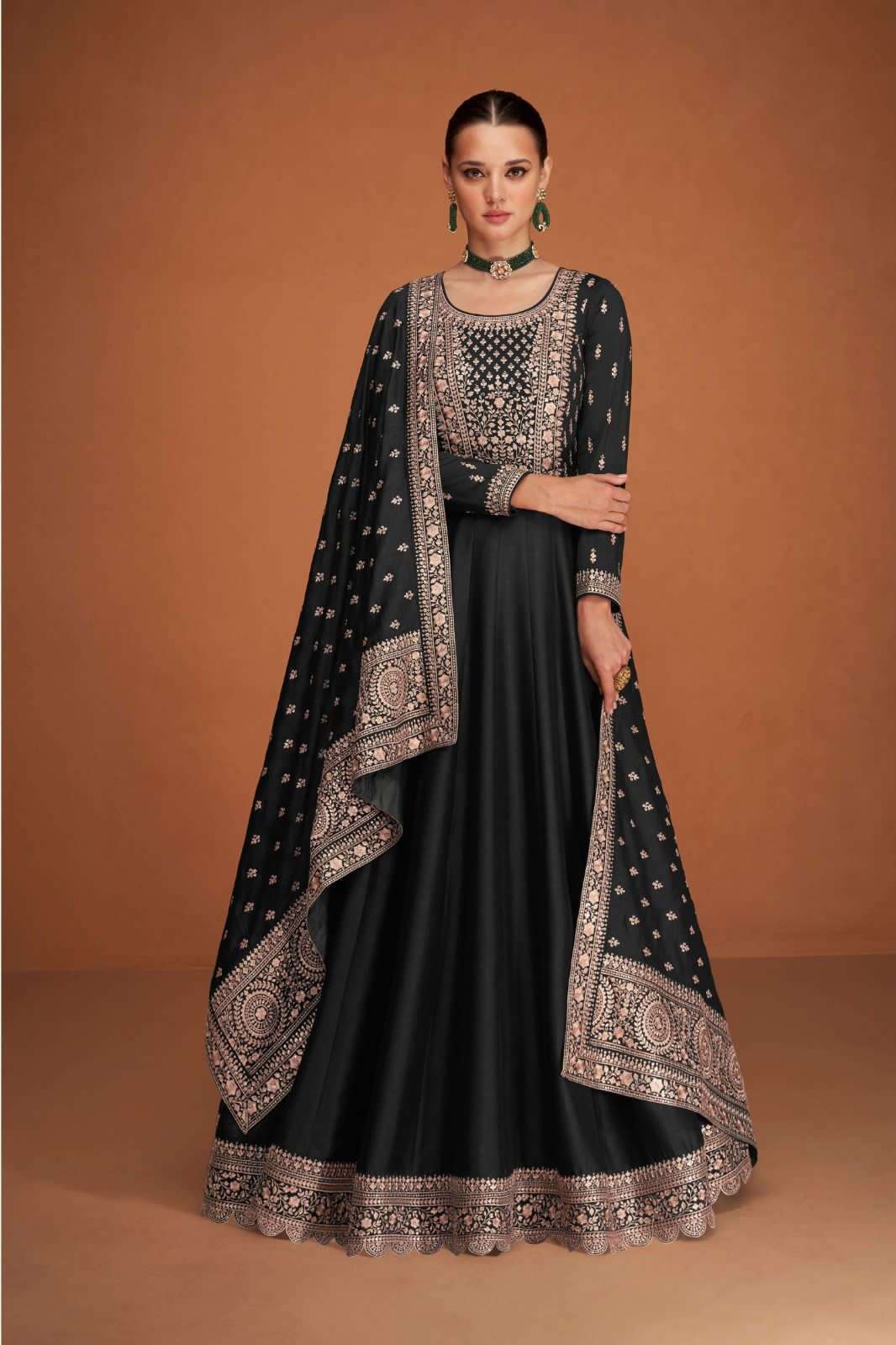 DESIGNER BLACK SILK ANARKALI PARTY WEAR SALWAR SUIT LONG GOWN AF VEERA 9578