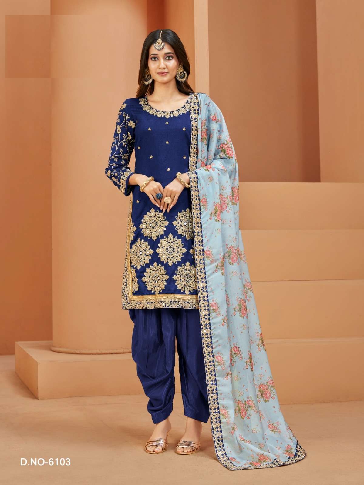 DESIGNER BLUE ART SILK PATIYALA SALWAR SUIT NEW DESIGN ANY 6103