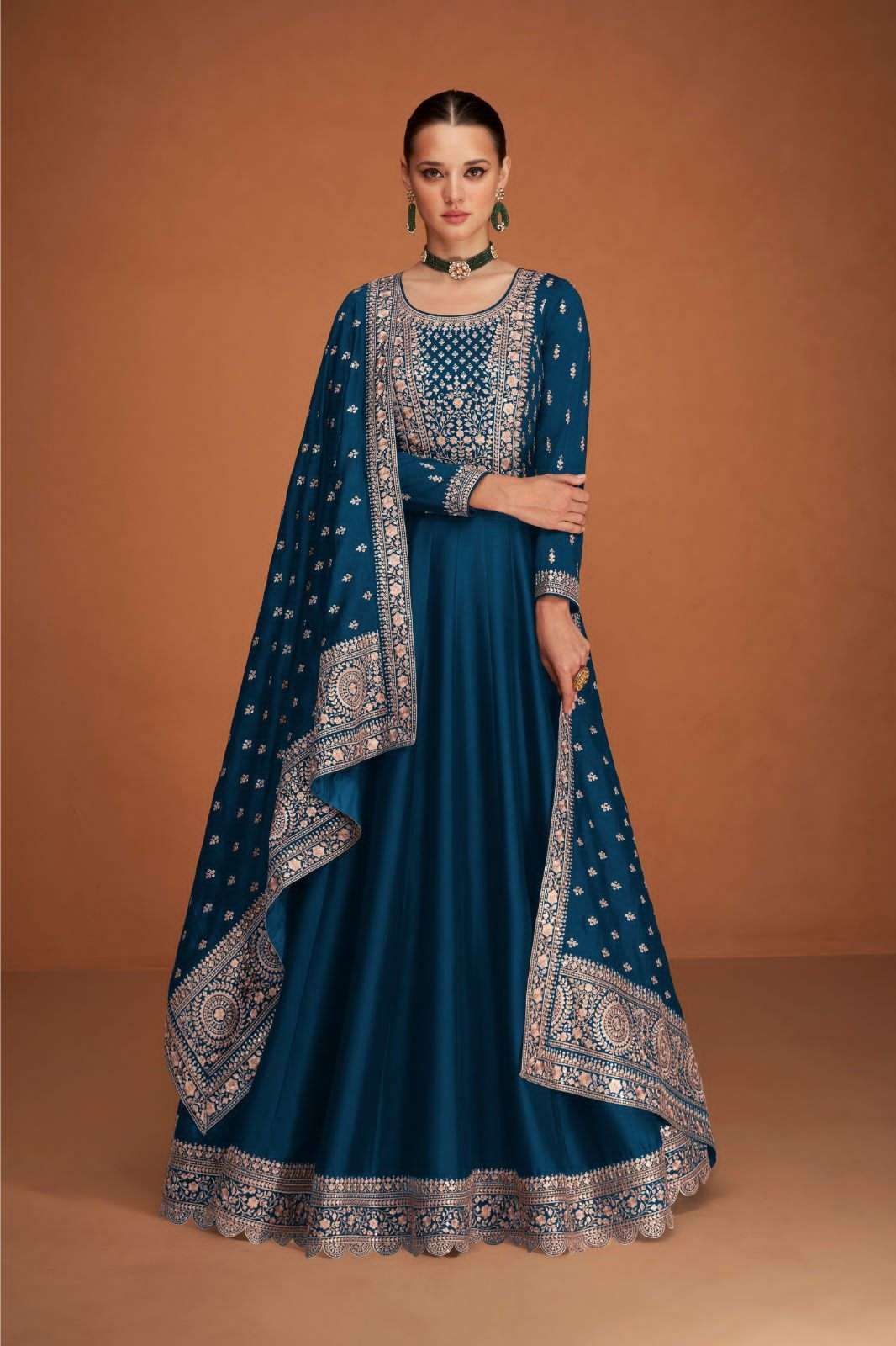 DESIGNER BLUE SILK ANARKALI PARTY WEAR SALWAR SUIT LONG GOWN AF VEERA 9580