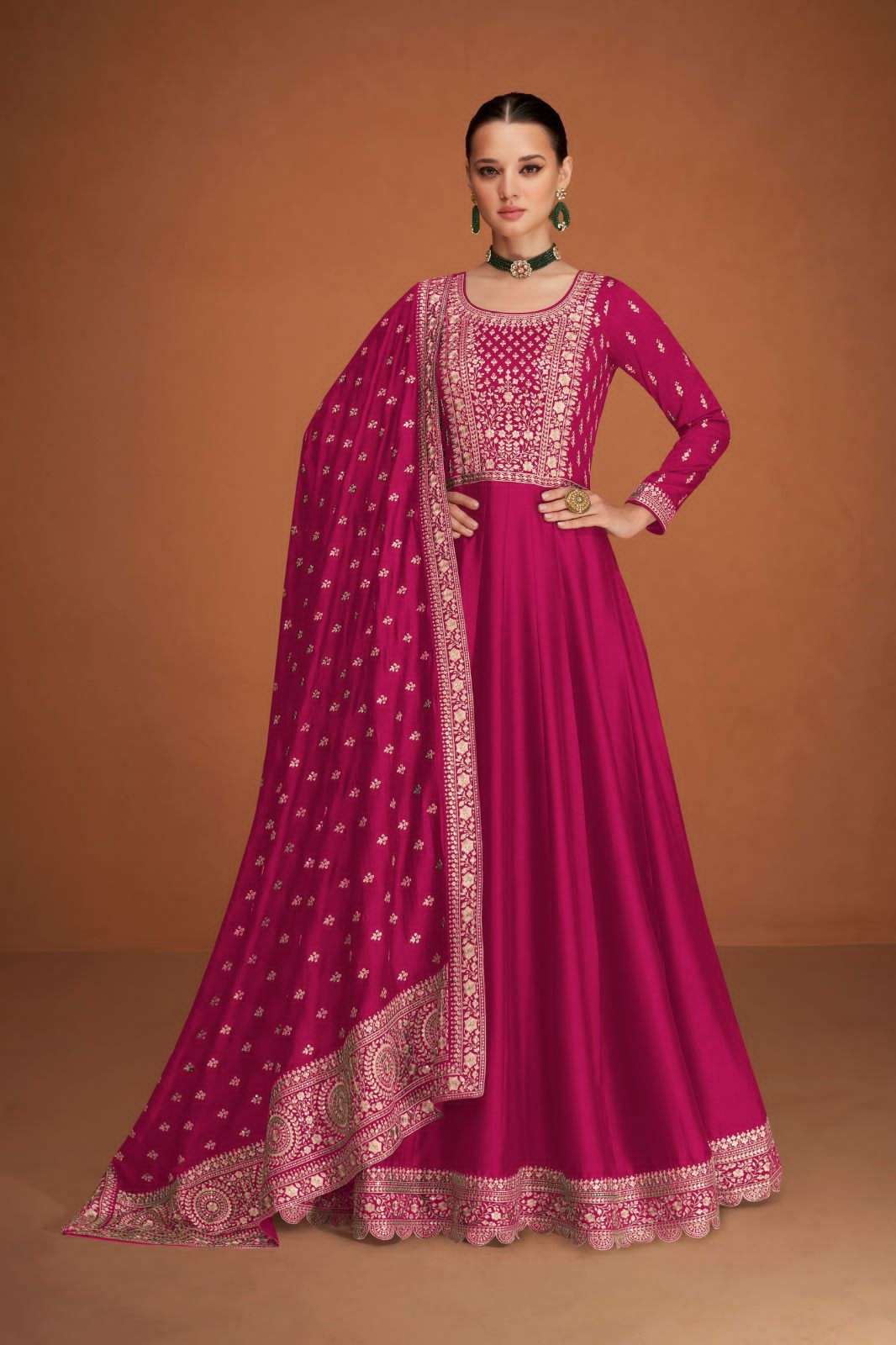 DESIGNER DEEP PINK SILK ANARKALI PARTY WEAR SALWAR SUIT LONG GOWN AF VEERA 9579