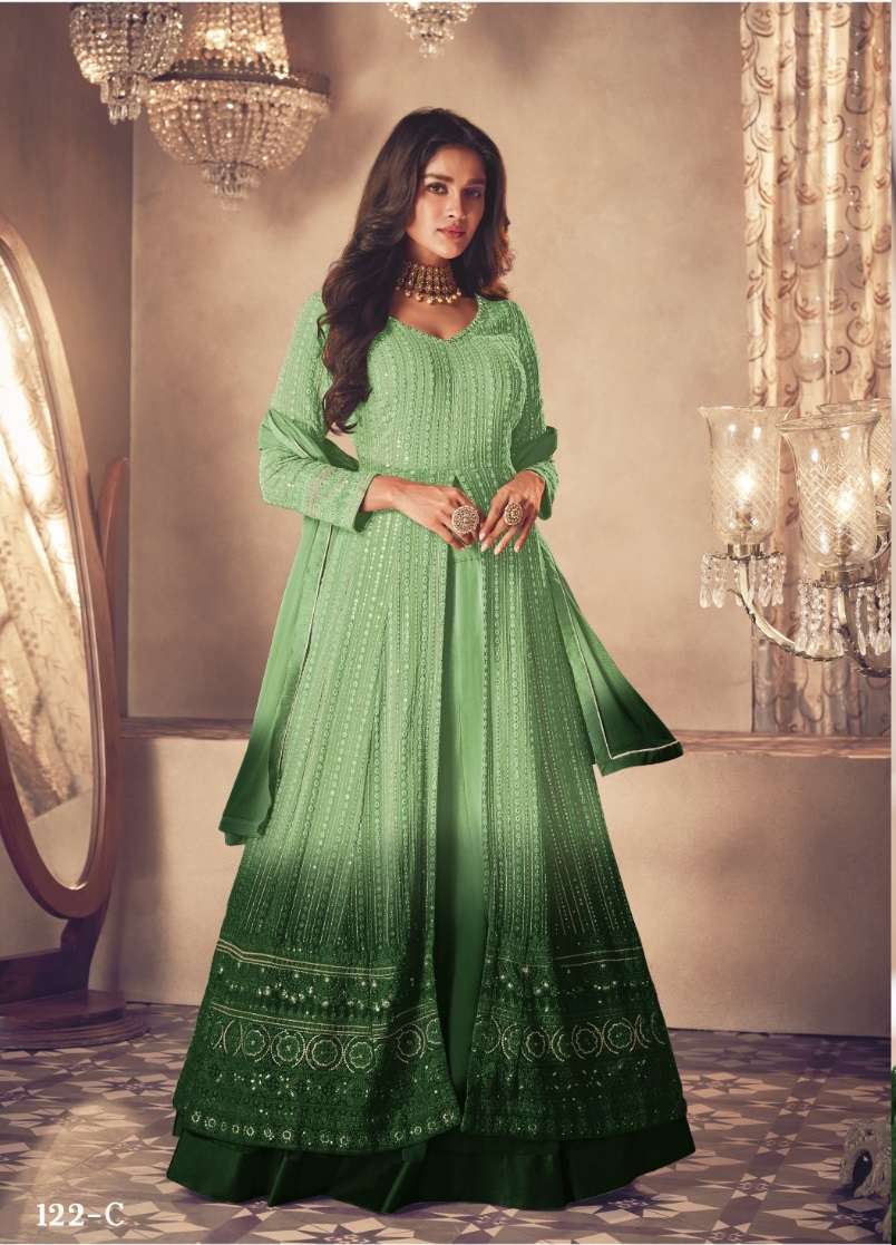 DESIGNER FANCY LONG GREEN ANARKALI PADDING GEORGETTE SALWAR SUIT GOWN EXCLUSIVE FOR PARTY WEAR JG SAYURI 122C