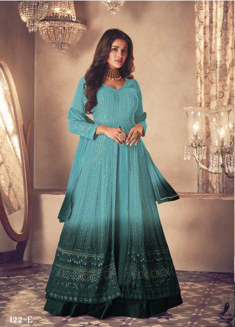 DESIGNER FANCY LONG SKY BLUE ANARKALI PADDING GEORGETTE SALWAR SUIT GOWN EXCLUSIVE FOR PARTY WEAR JG SAYURI 122E