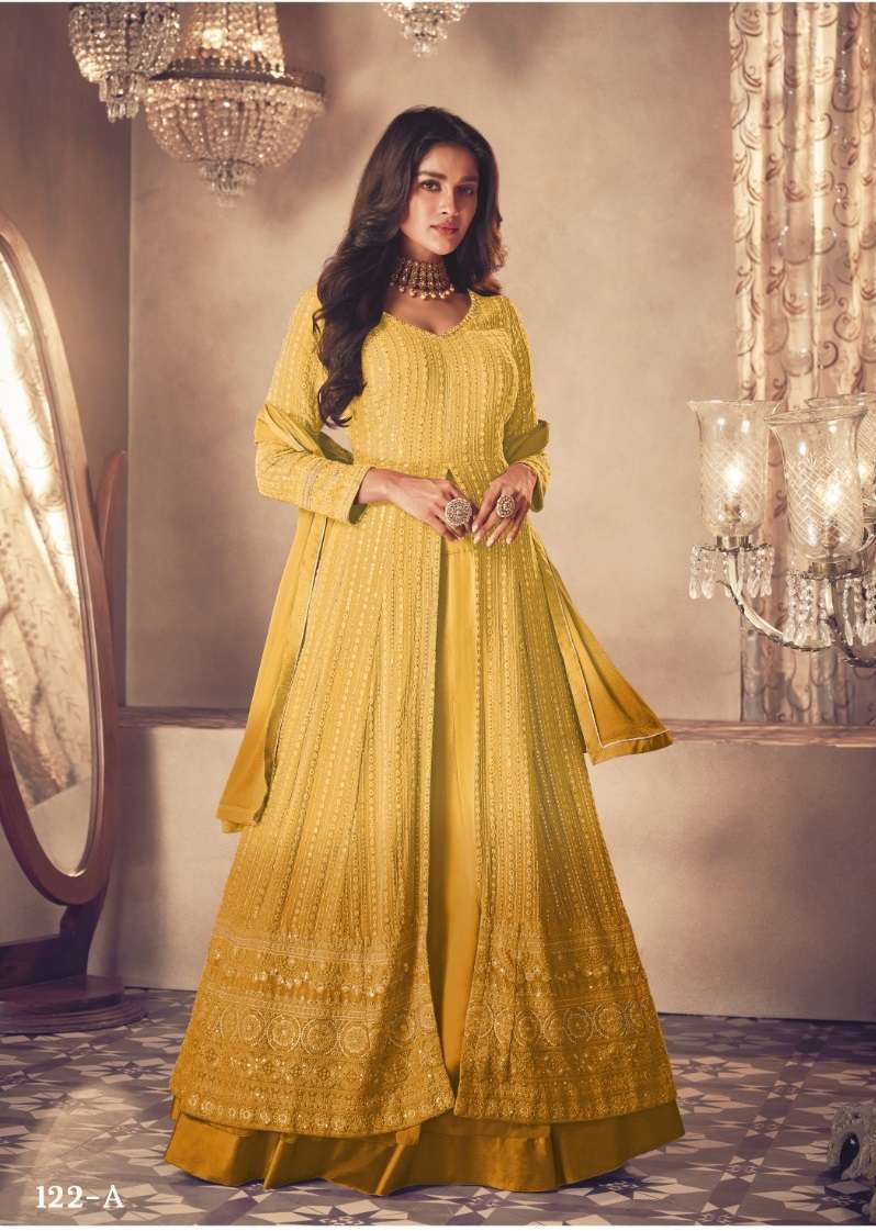 DESIGNER FANCY LONG YELLOW ANARKALI PADDING GEORGETTE SALWAR SUIT GOWN EXCLUSIVE FOR PARTY WEAR JG SAYURI 122A