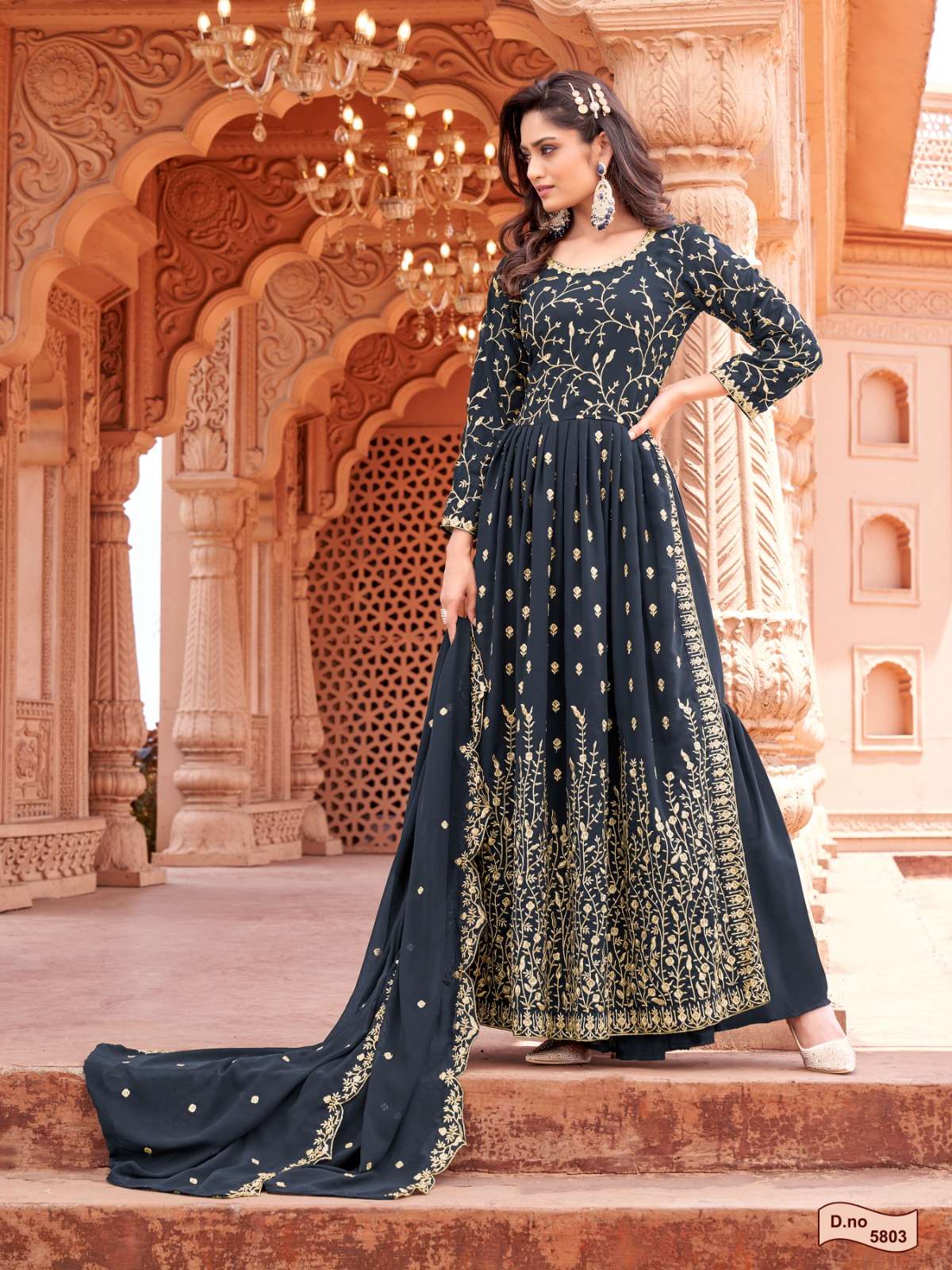 DESIGNER FANCY WEDDING PARTY WEAR BLUE GEORGETTE NAYRA CUT SHARARA SALWAR SUIT AANAYA 5803