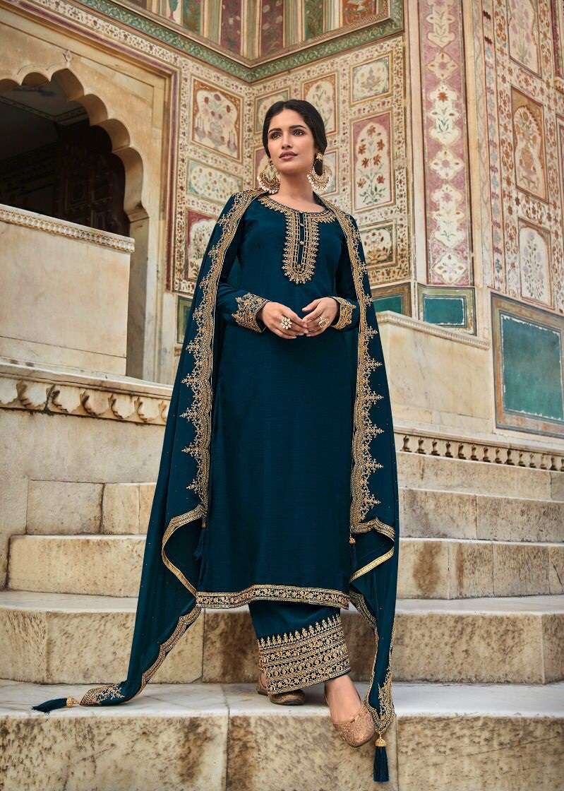 DESIGNER FANCY WEDDING PARTY WEAR BLUE SILK STRAIGHT SUIT WITH PLAZZO NITYA 186 86005