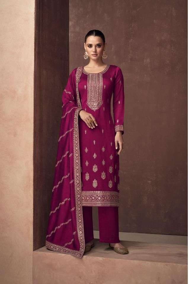 DESIGNER FANCY WEDDING PARTY WEAR DEEP PINK PREMIUM SILK STRAIGHT SALWAR SUIT AF ZAHA 9582